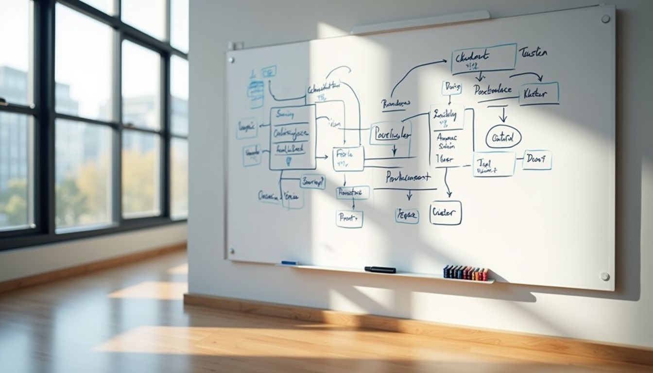 A modern office features a detailed process flow diagram on a whiteboard.