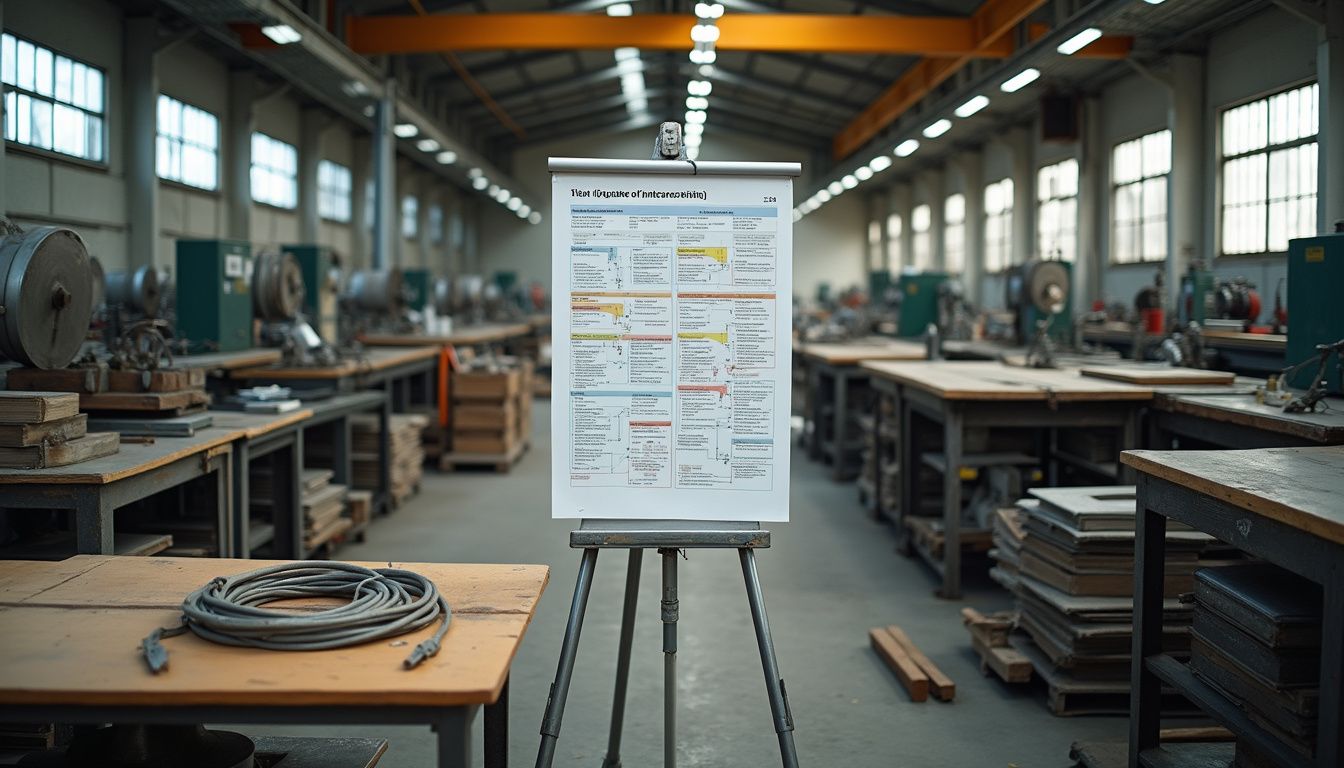 Cluttered factory floor filled with industrial machines and tools. Cluttered factory floor filled with industrial machines and tools.