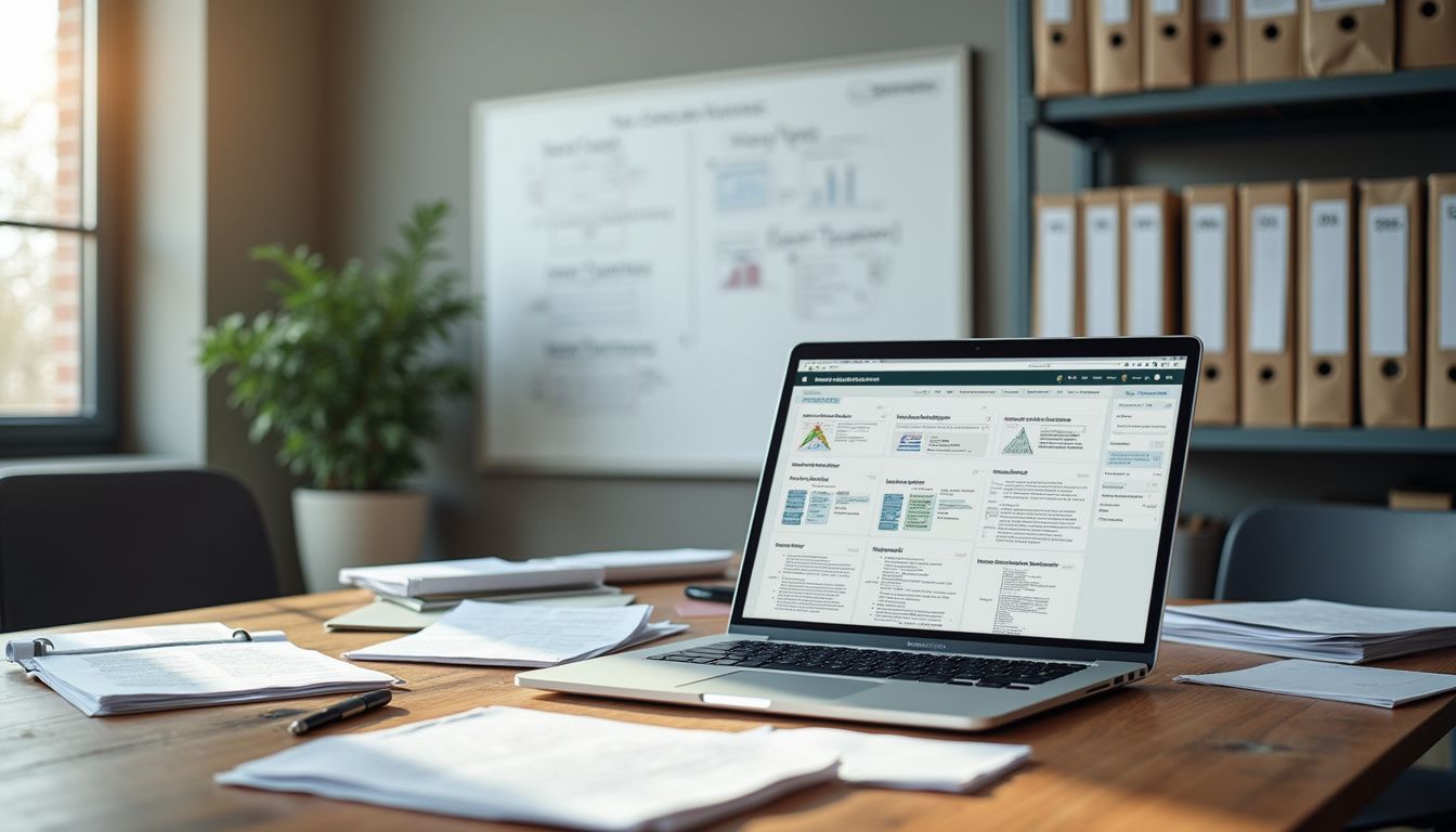 A cluttered office workspace featuring a laptop and organized documents.