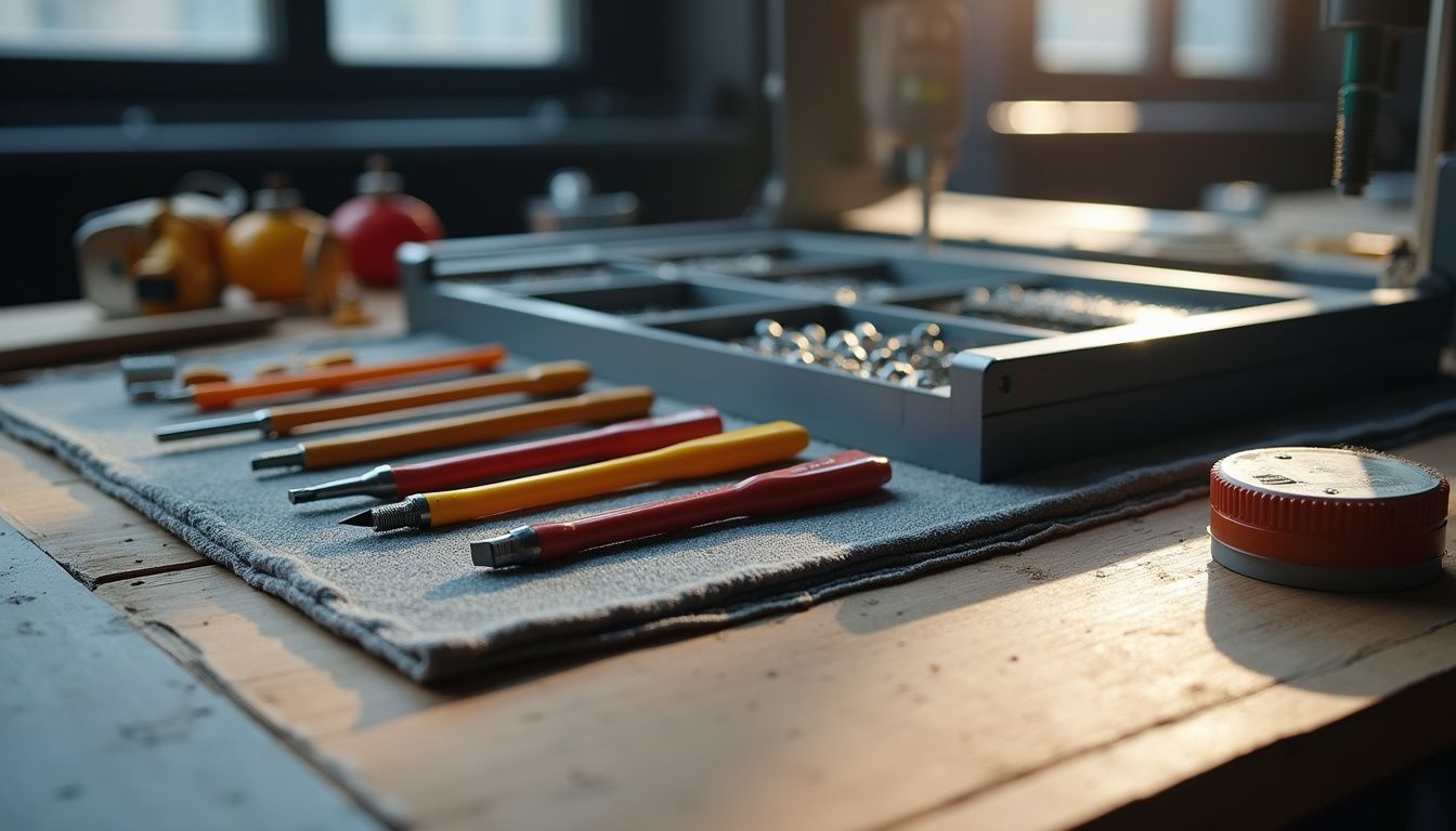 A meticulously organized CNC workstation showcasing efficient tool arrangement and design. A meticulously organized CNC workstation showcasing efficient tool arrangement and design.