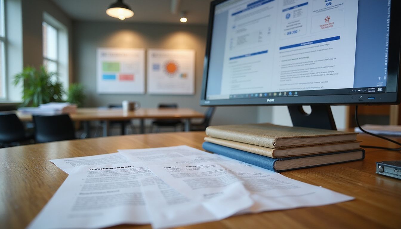 A cluttered office desk with training materials and guidelines displayed.