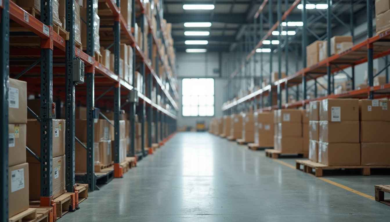 A large industrial warehouse filled with advanced technology and automation.