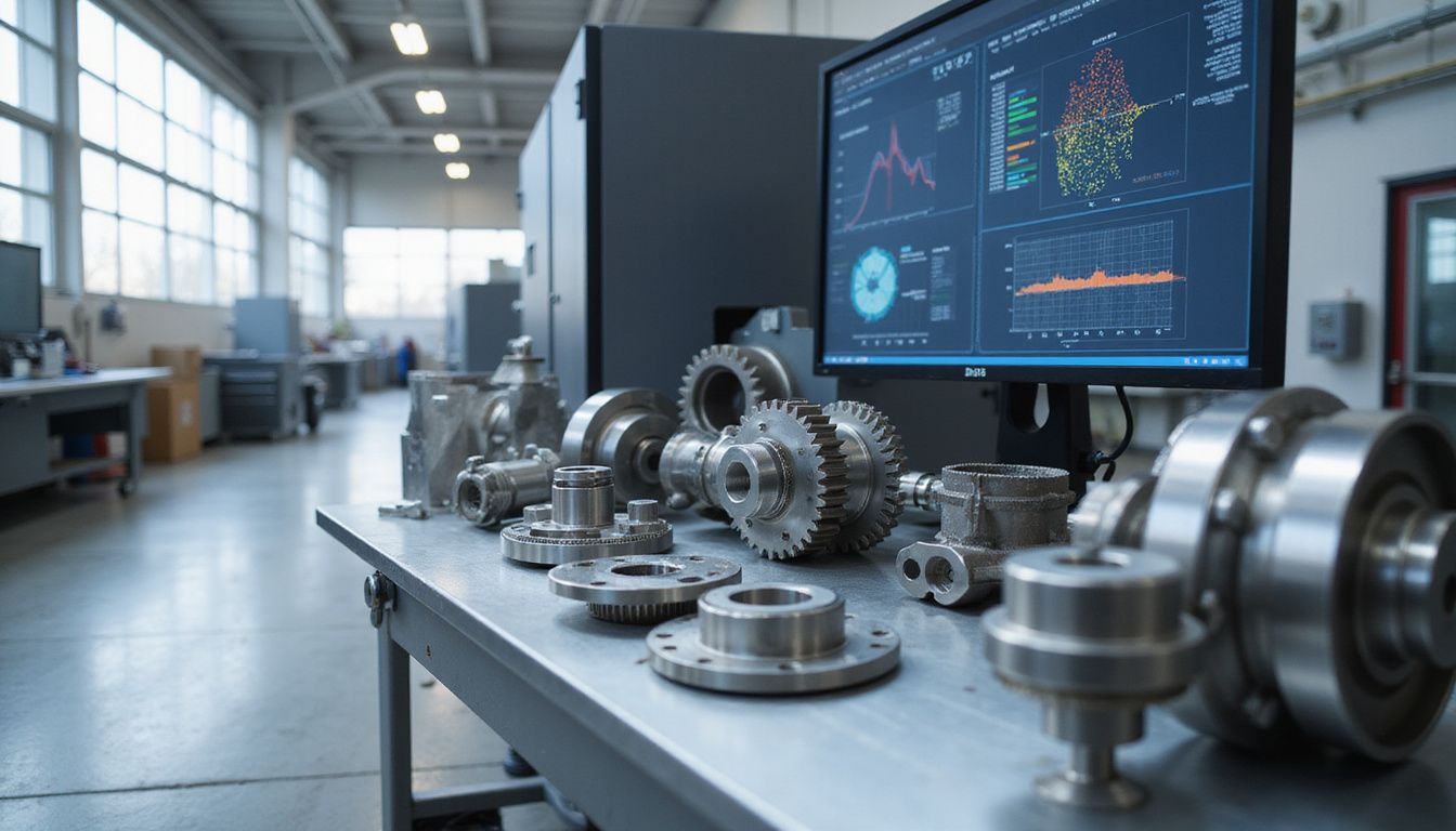 The image showcases precision-engineered metal parts in a modern manufacturing facility.