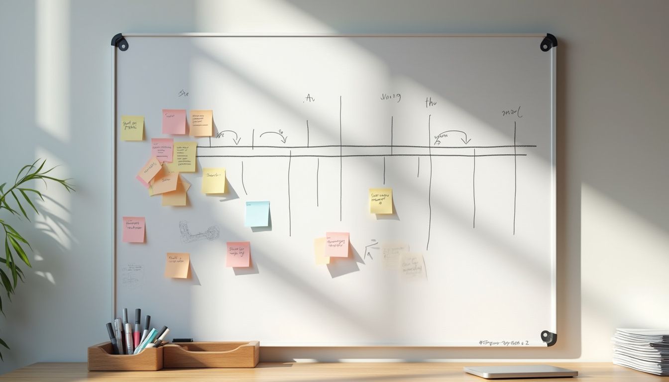 A whiteboard with a swimlane diagram and colorful sticky notes.