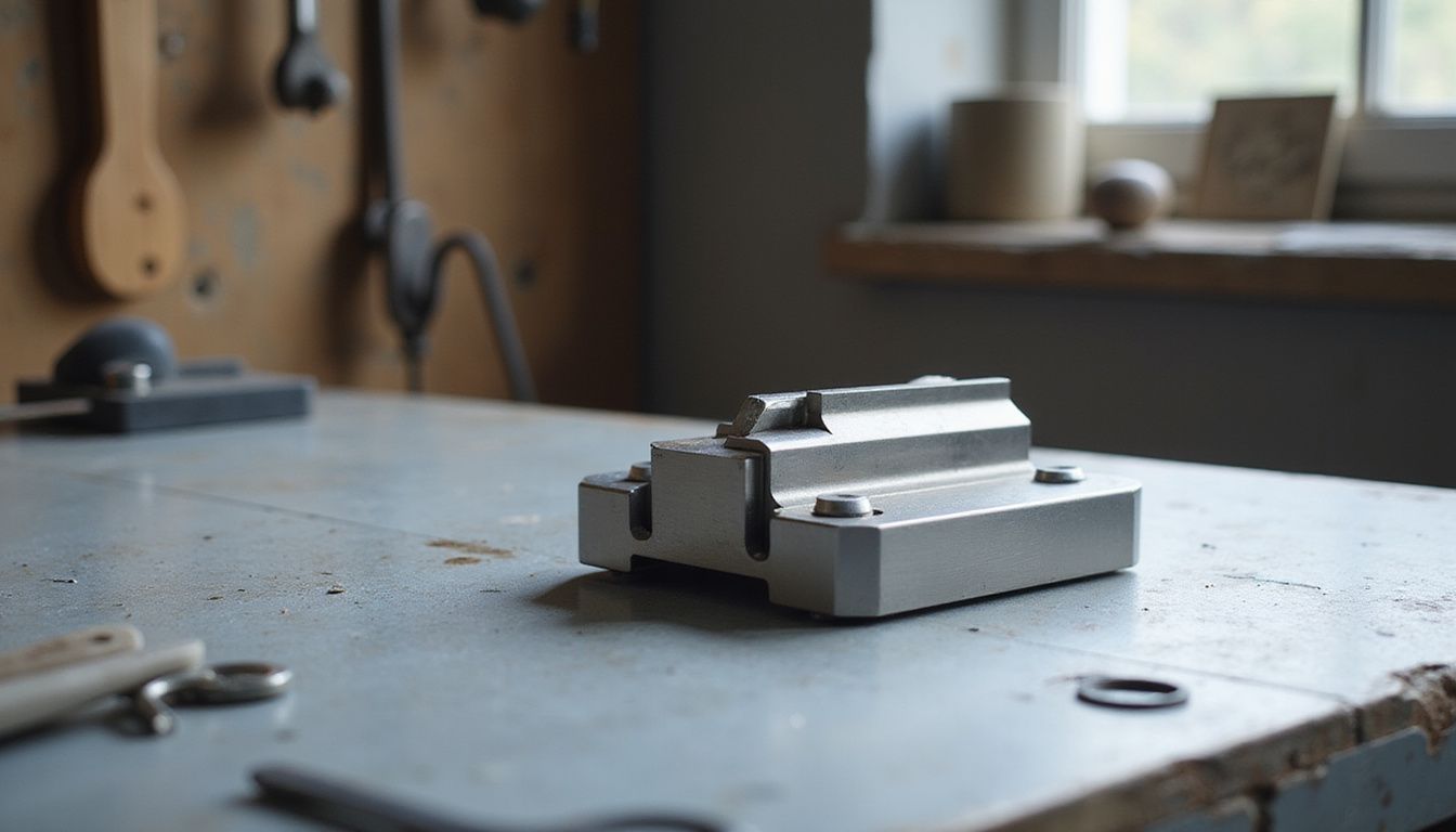 A finely machined metal component on a tidy workshop bench.