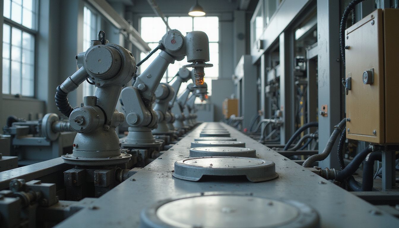 A high-tech manufacturing line featuring robotic arms and precise automation.