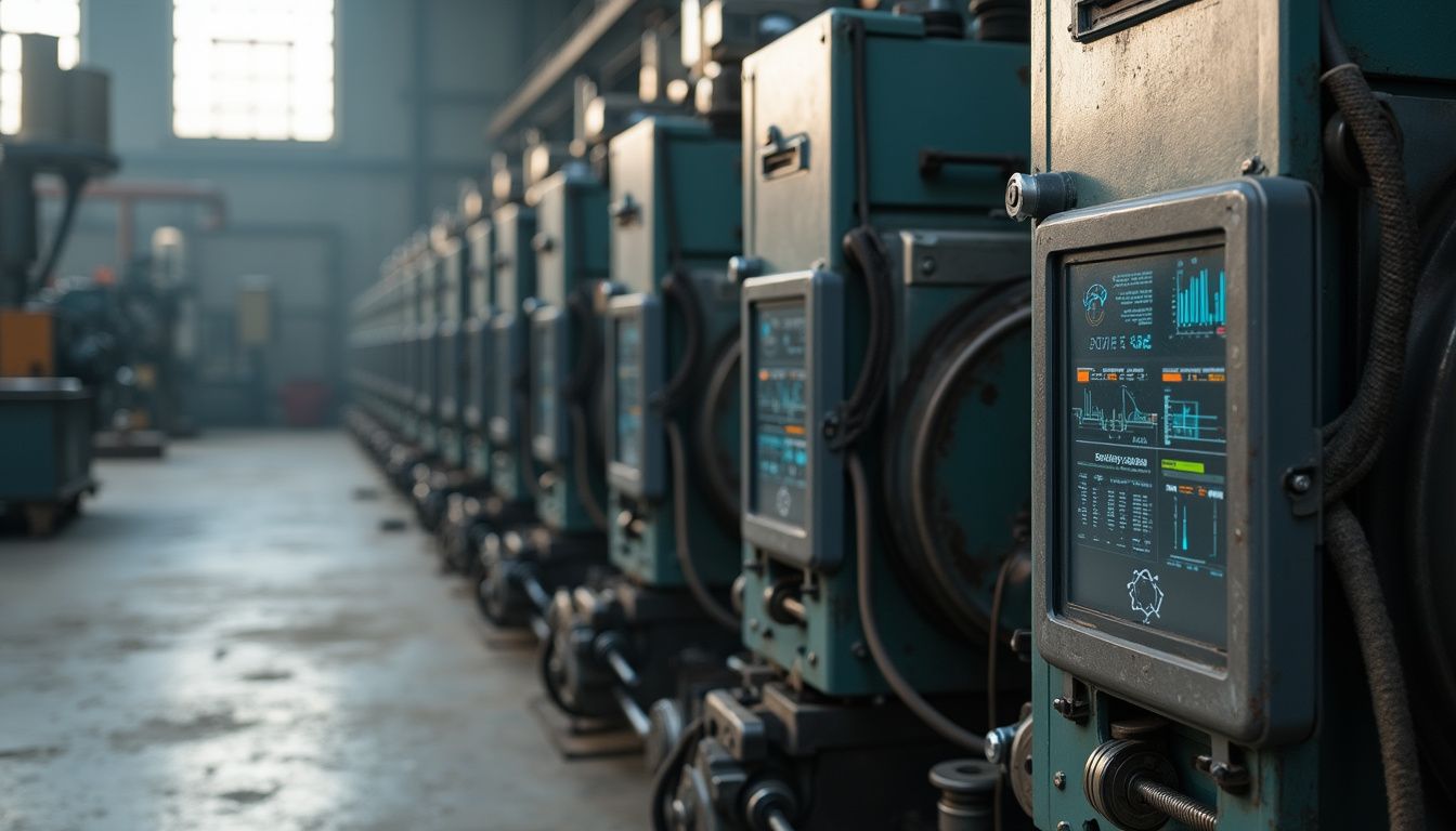 Industrial workshop featuring advanced machines with IIoT devices and organized cables. Industrial workshop featuring advanced machines with IIoT devices and organized cables.