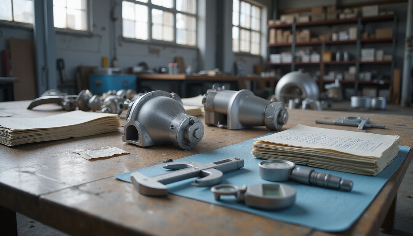 Aerospace workshop featuring precision components and inspection tools on a workbench.