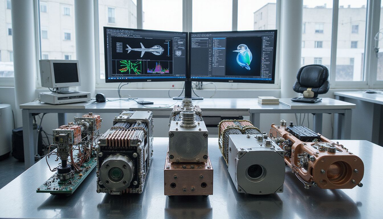Aerospace lab displaying intricate mechanical modules and advanced digital diagnostics.