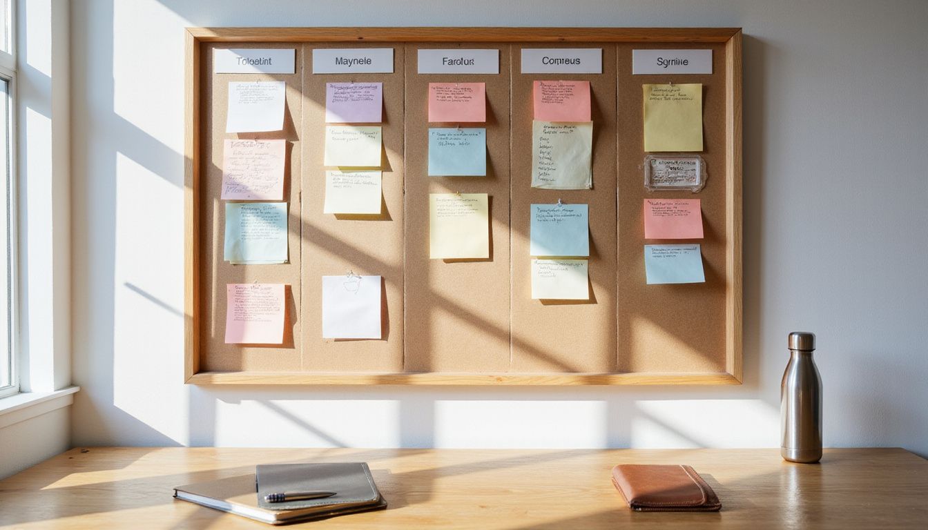 A well-organized workspace featuring a detailed kanban board and tools.