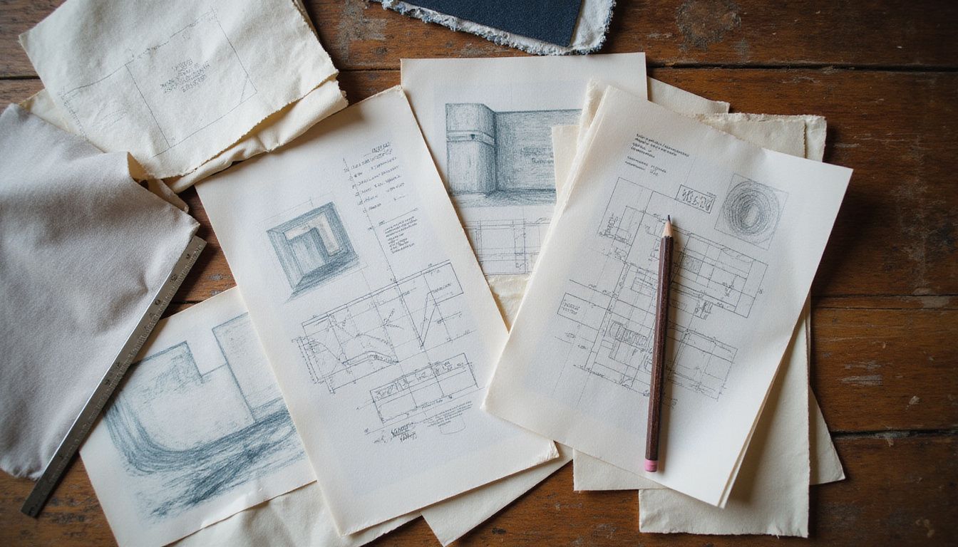 A cluttered wooden desk with design sketches and technical drawings.