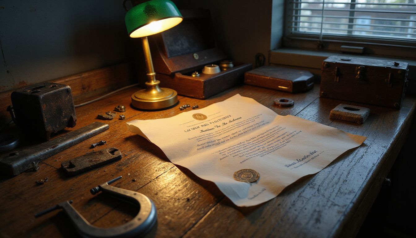 A cluttered wooden desk features a detailed material certificate and tools.