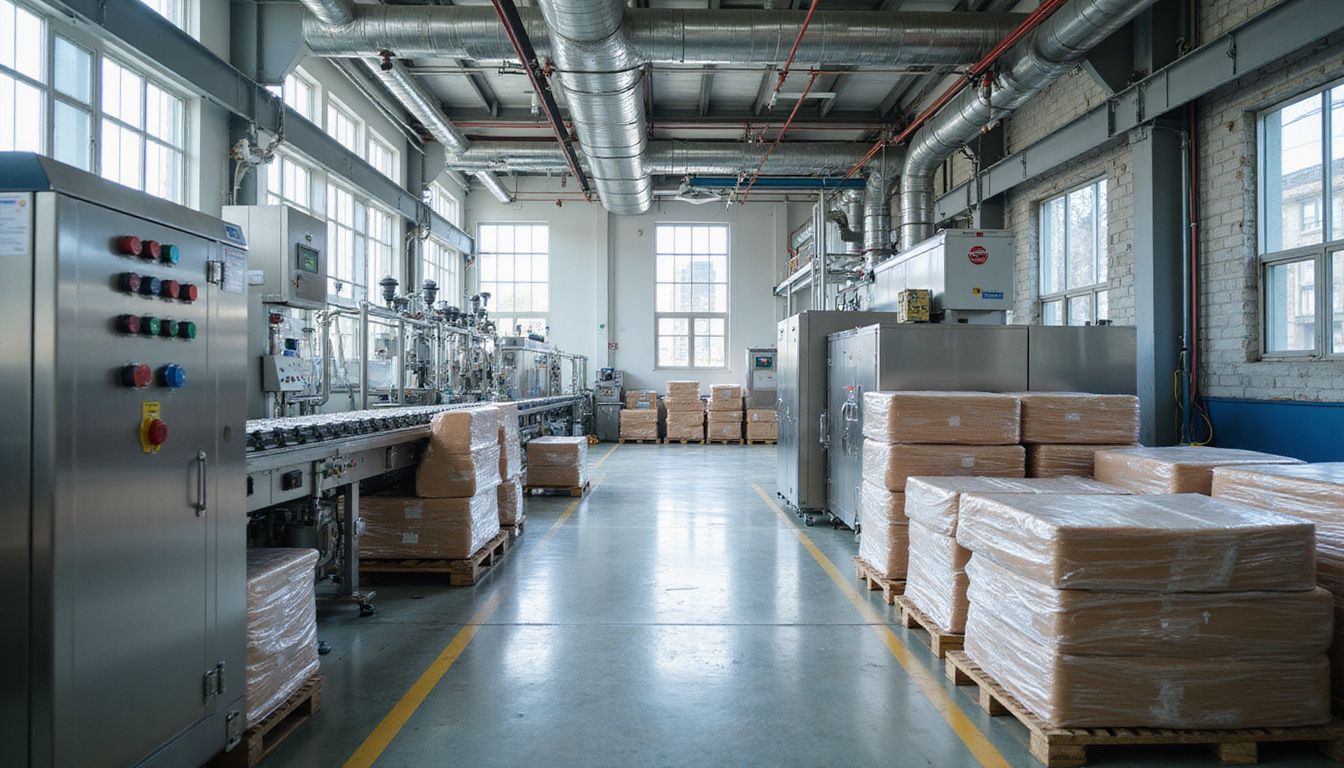 A modern manufacturing facility showcasing organized machinery and safety standards.