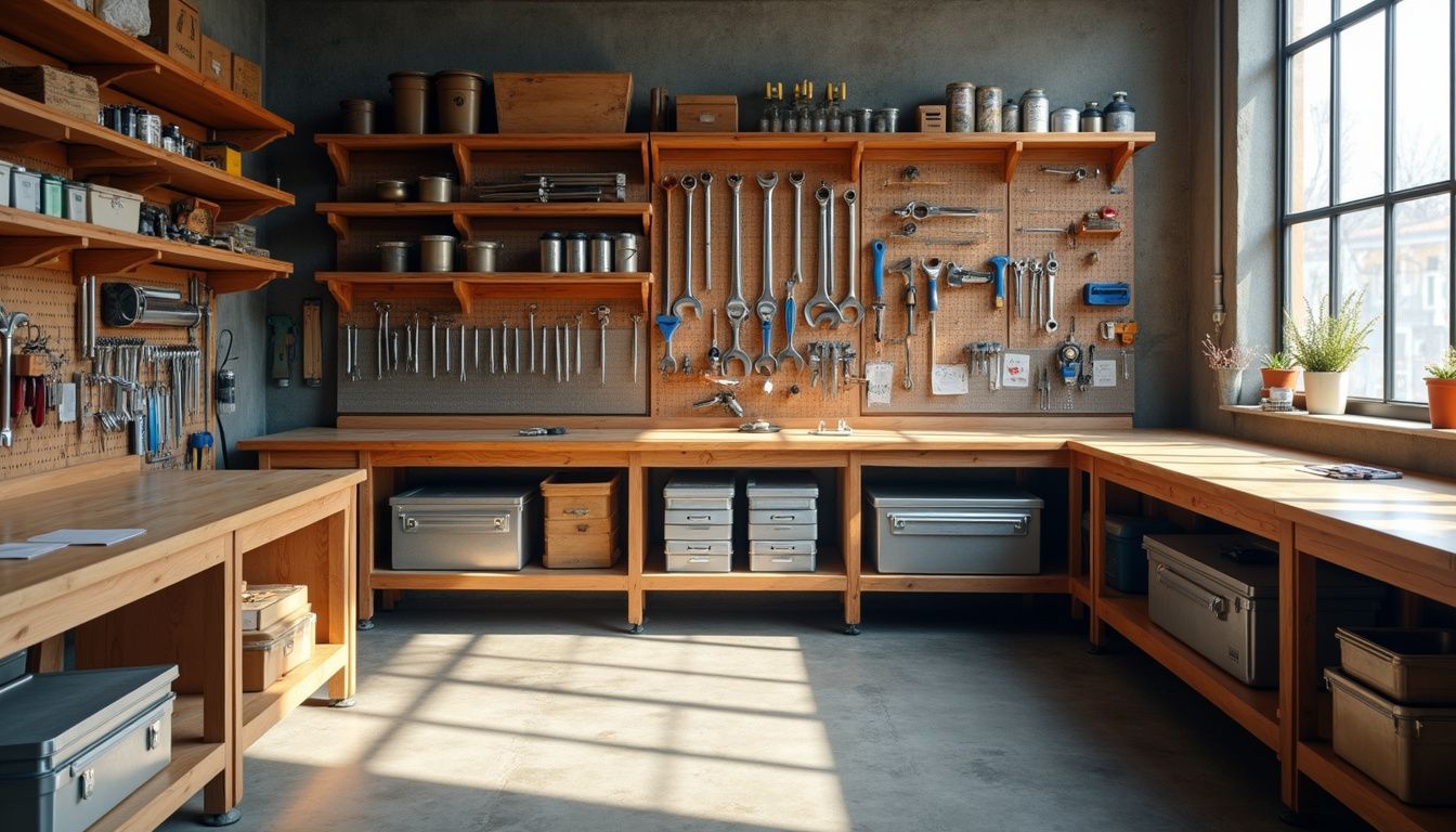 A meticulously organized workshop showcasing neatly arranged hand tools and surfaces.