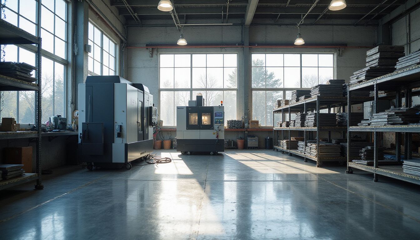 A pristine CNC machine shop floor showcases neatly organized tools and materials.