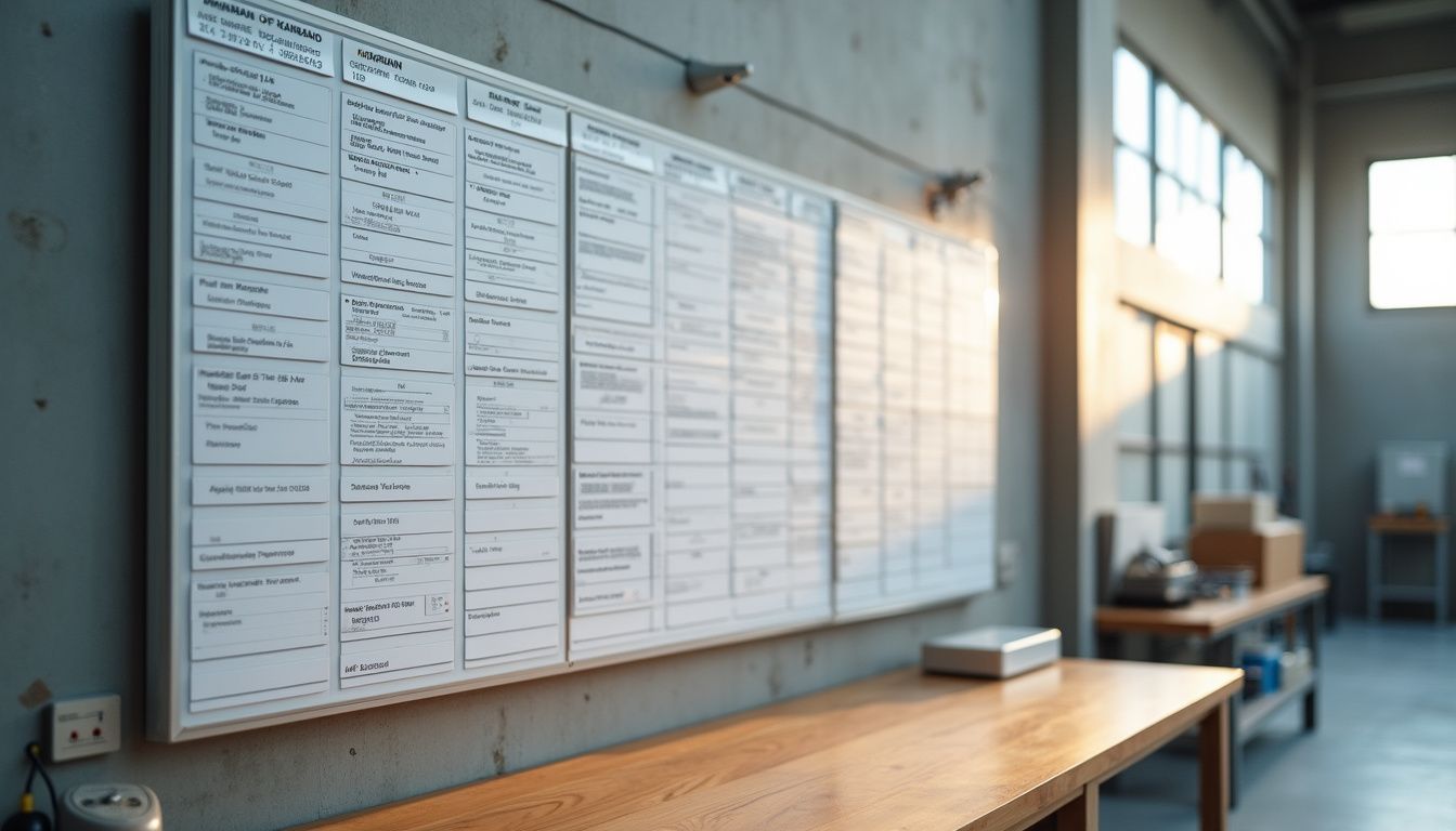 Kanban board and Andon system illustrate organized workflow in an industrial space.