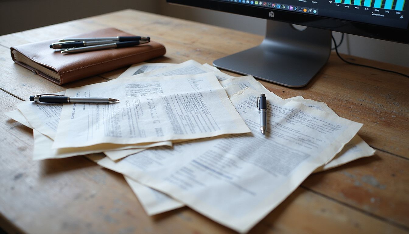 A cluttered office desk with invoices, reports, and stationery.