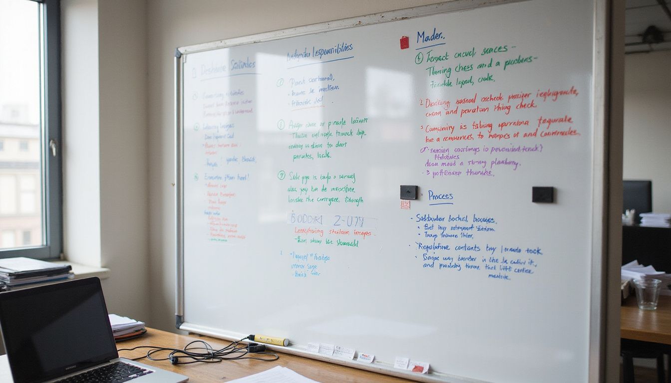 A well-organized whiteboard with colorful notes in a cluttered office.