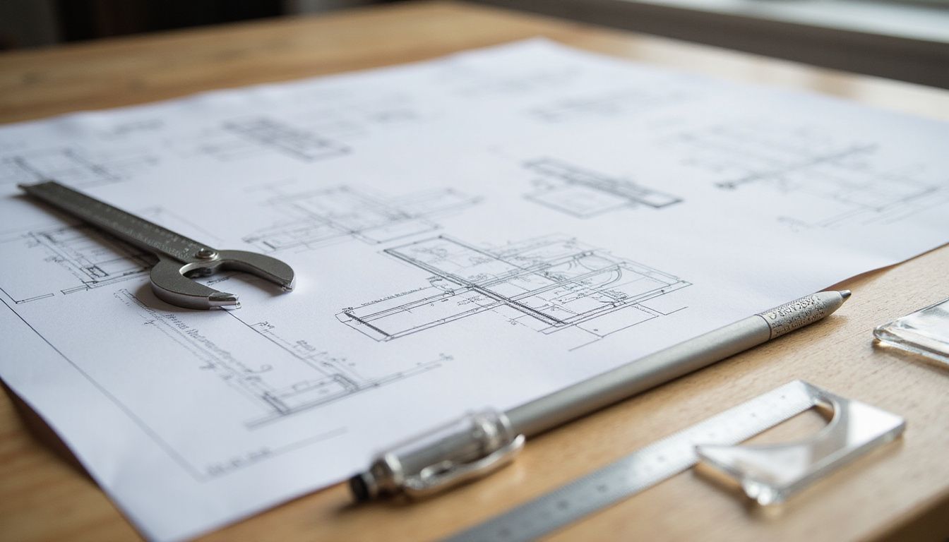 A tidy drafting table displays blueprints and precision tools.