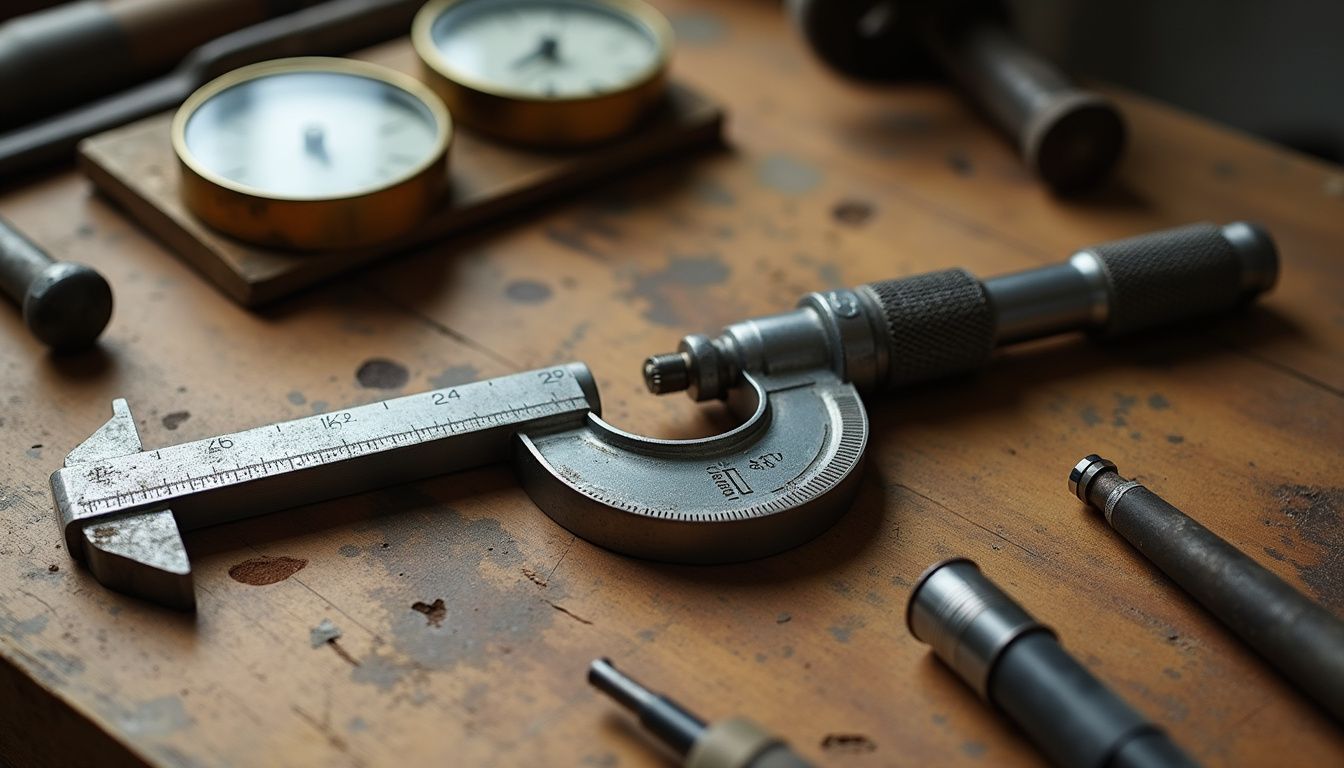A well-used workbench displays precision measuring tools and vintage gauges.