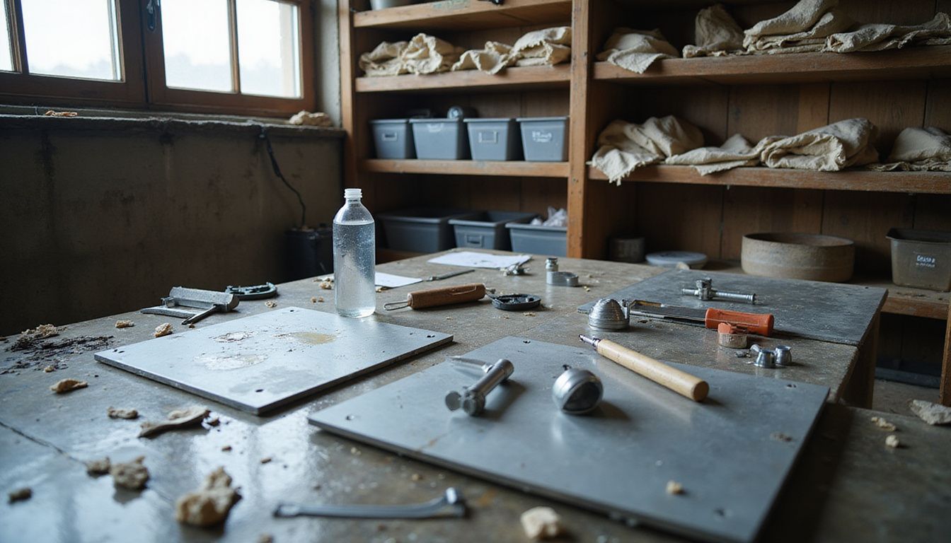 A cluttered CNC machine workspace filled with tools and materials. A cluttered CNC machine workspace filled with tools and materials.