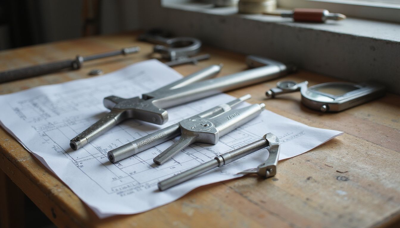 A well-organized workshop workbench with precision measuring tools displayed.
