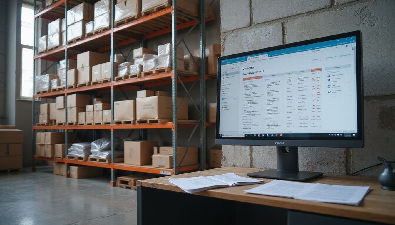 A spacious warehouse filled with shelves, a desk, and software interface.