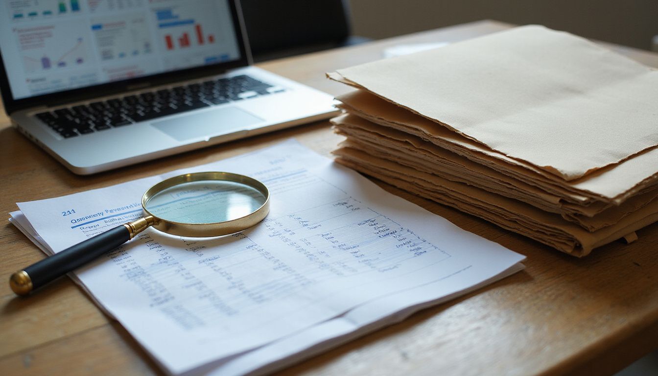 Cluttered oak desk with laptop and documents for supplier performance tracking.