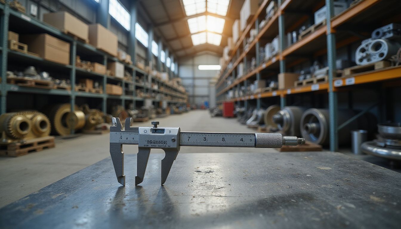 Close-up of a precision caliper on a steel workbench in a factory.