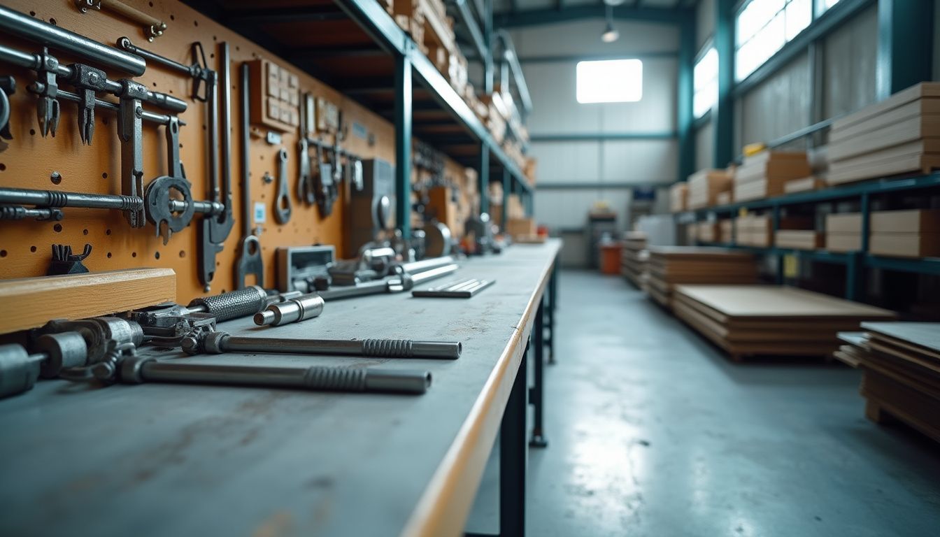 A meticulously organized manufacturing workstation showcases precision tools and materials. A meticulously organized manufacturing workstation showcases precision tools and materials.