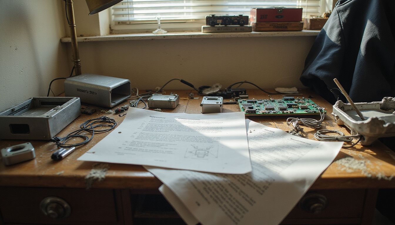Cluttered office filled with hardware prototypes and technical documents.