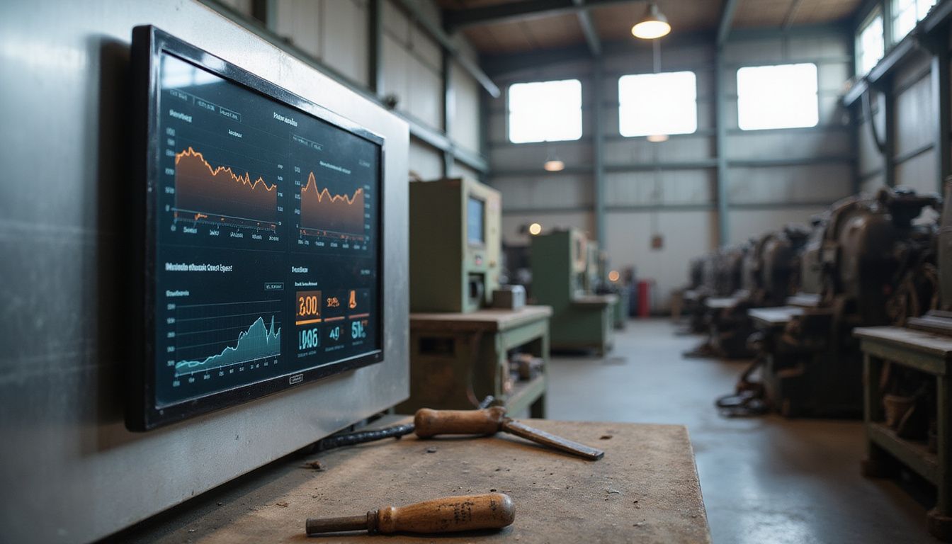 A digital dashboard displays production metrics in an industrial factory setting. A digital dashboard displays production metrics in an industrial factory setting.