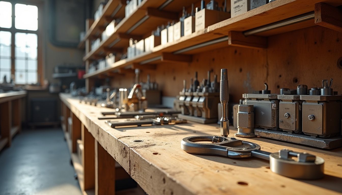 An organized precision workshop featuring meticulous tools and materials.