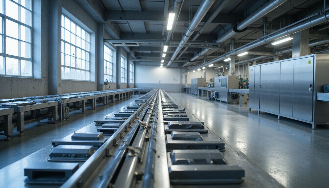 A pristine manufacturing facility with automated conveyor belts and inspection lights.