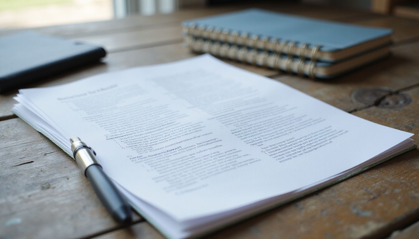 An open Project Requirements Document rests on a weathered wooden desk.