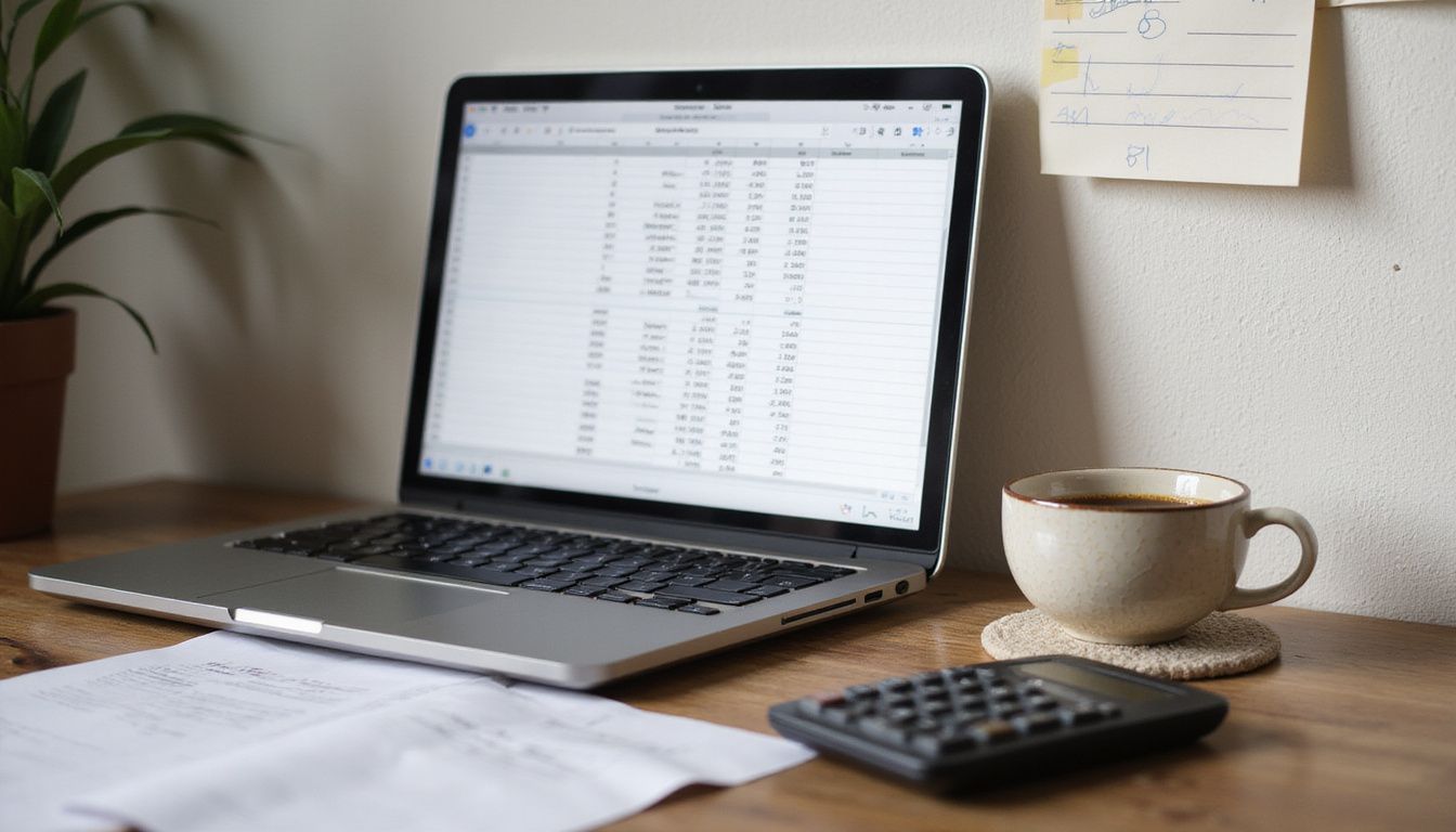A wooden desk features a laptop, coffee cup, and calculator.