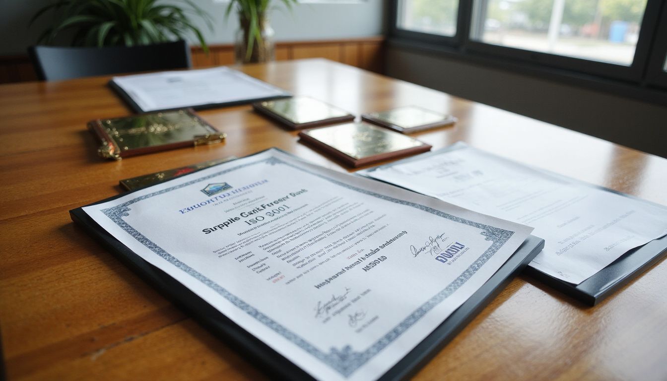 A wooden table displays various quality certification plaques and documents.