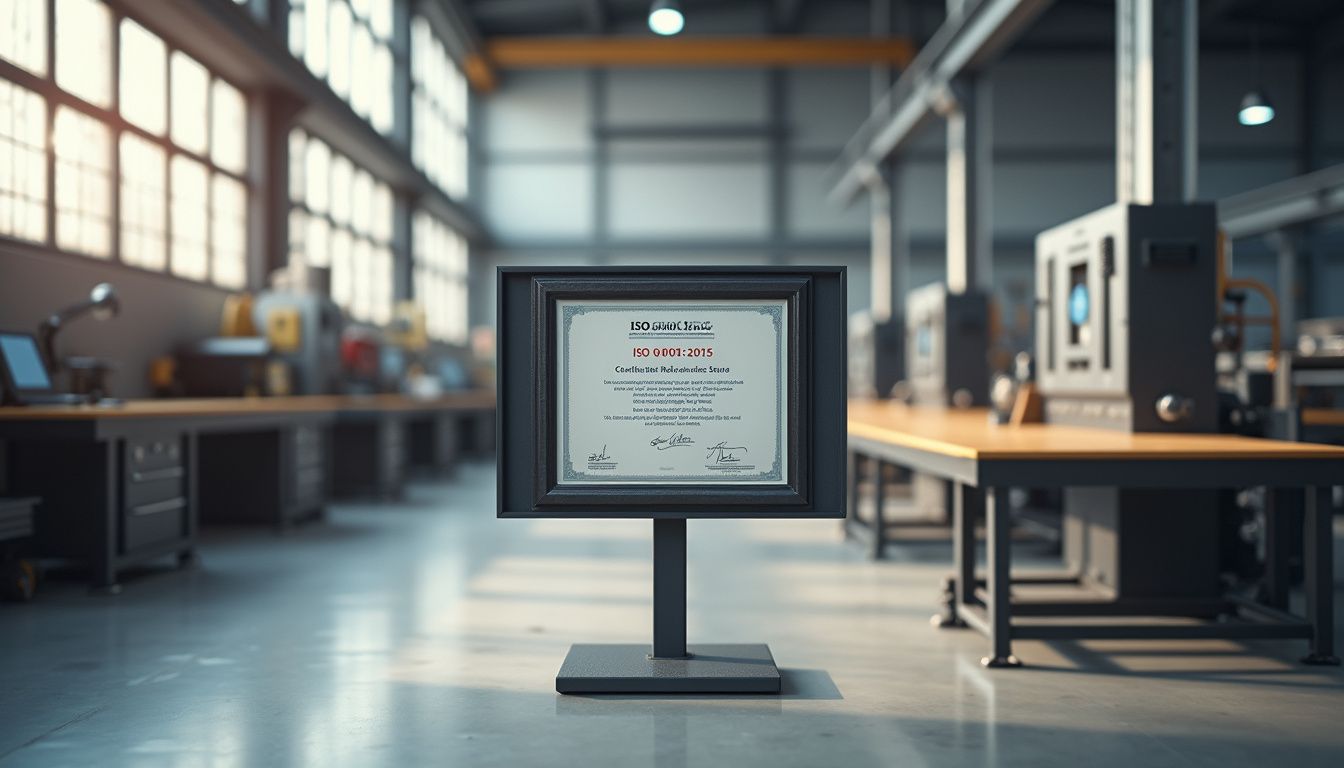 A pristine industrial shop floor showcasing organized machinery and certification.