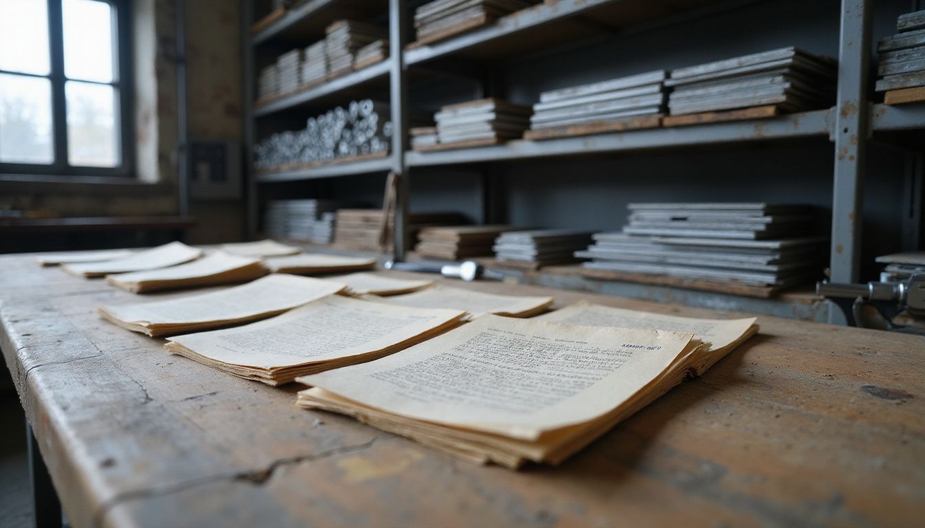 A detailed workspace featuring raw material records and organized metal components.