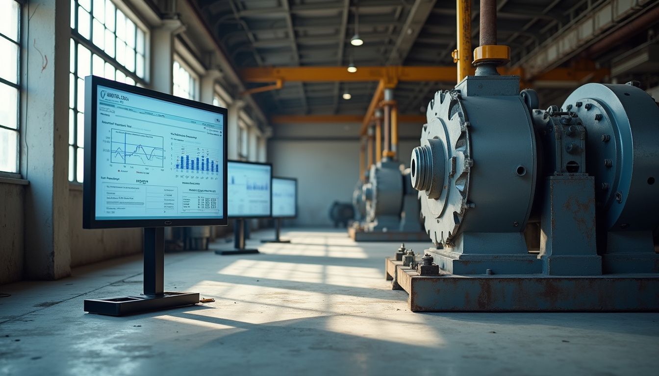 A serene manufacturing floor with advanced screens and heavy machinery.