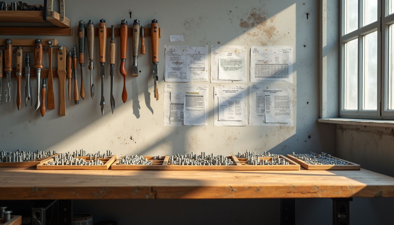 An organized workshop showcasing meticulous tools and color-coded hardware. An organized workshop showcasing meticulous tools and color-coded hardware.