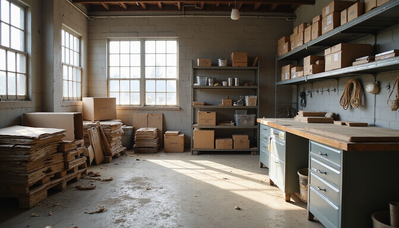 A workshop showcasing a chaotic storage area and an organized workspace.