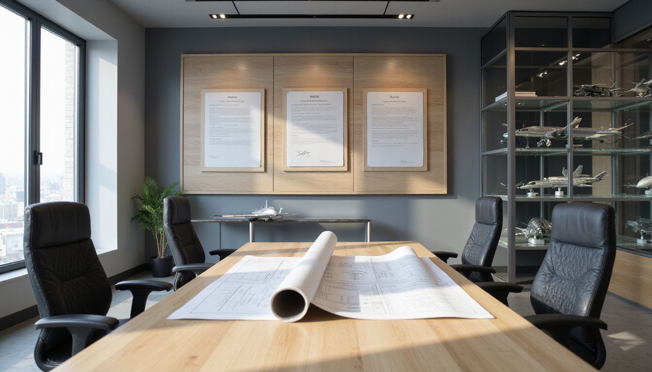 A modern aerospace engineering office showcasing scale models and certification documents.