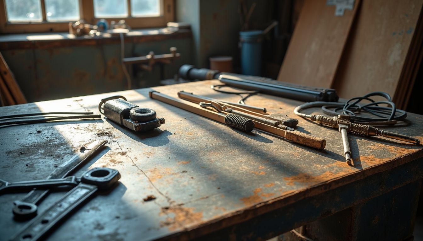 Cluttered CNC machine workstation with tools and materials in disarray. Cluttered CNC machine workstation with tools and materials in disarray.