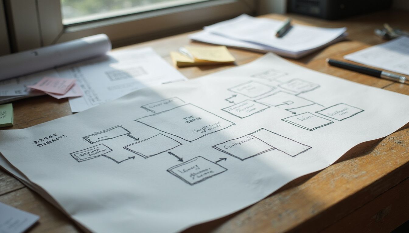 A cluttered desk features a detailed flowchart among scattered papers.