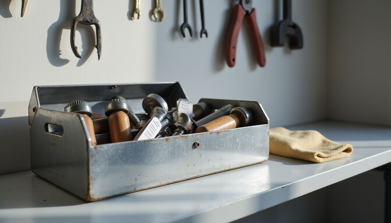 A polished mechanic's toolbox with neatly arranged tools on a workbench.