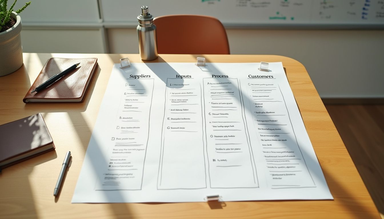 An organized workspace displays labeled columns on a wooden table.
