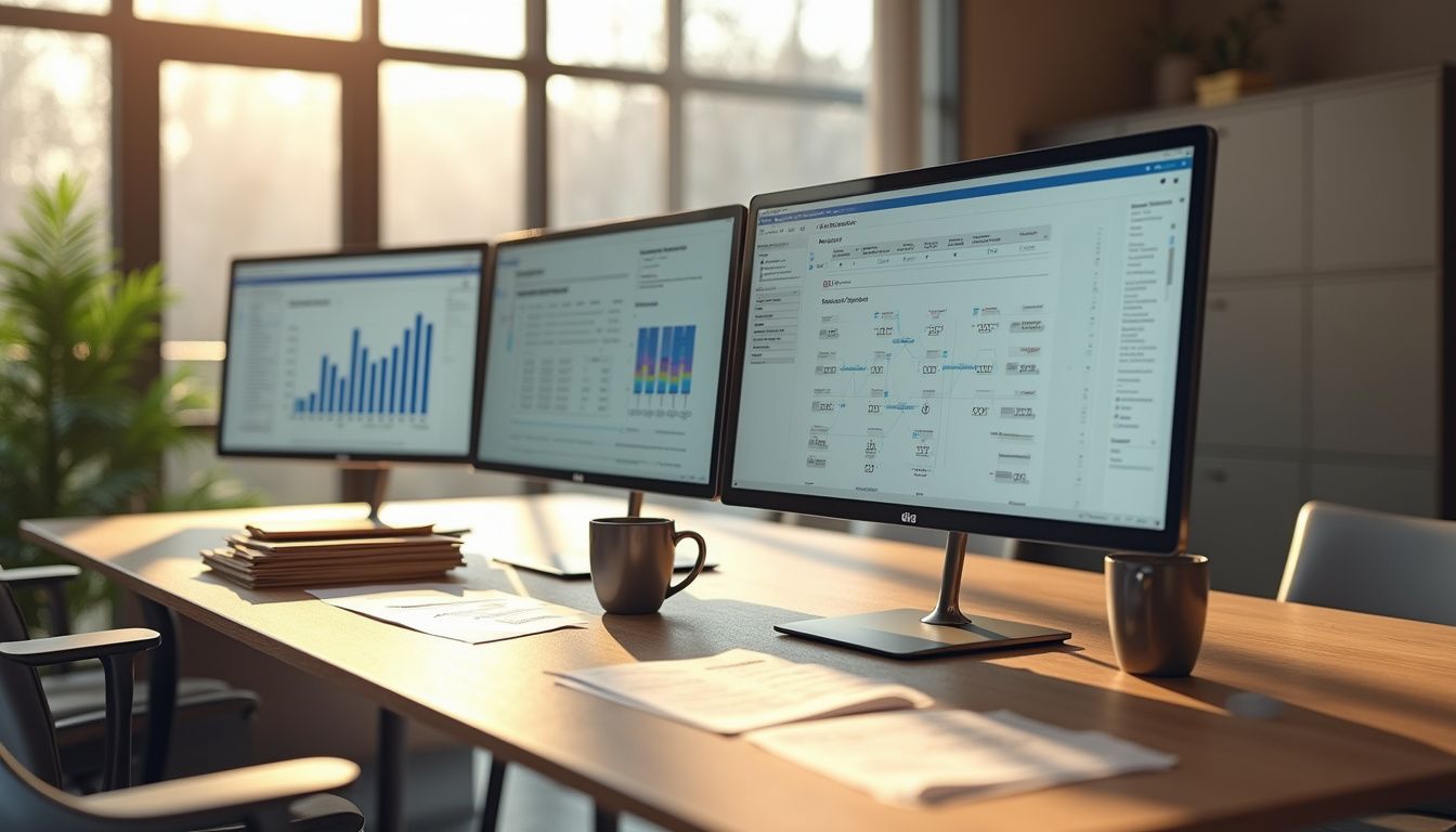 A modern office displaying Supplier Quality Management Software on multiple monitors.