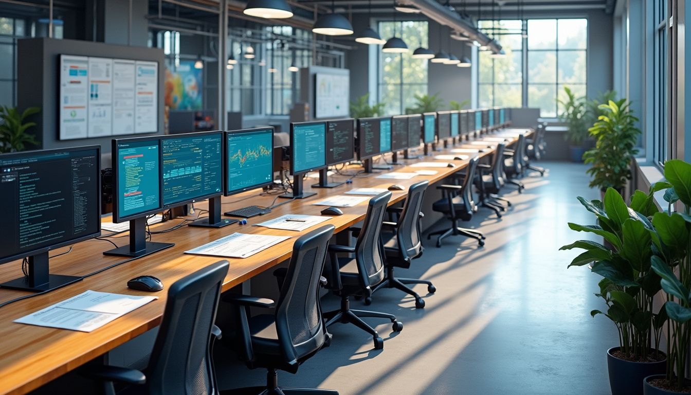 A modern, organized production floor featuring sleek monitors and collaborative tools. A modern, organized production floor featuring sleek monitors and collaborative tools.