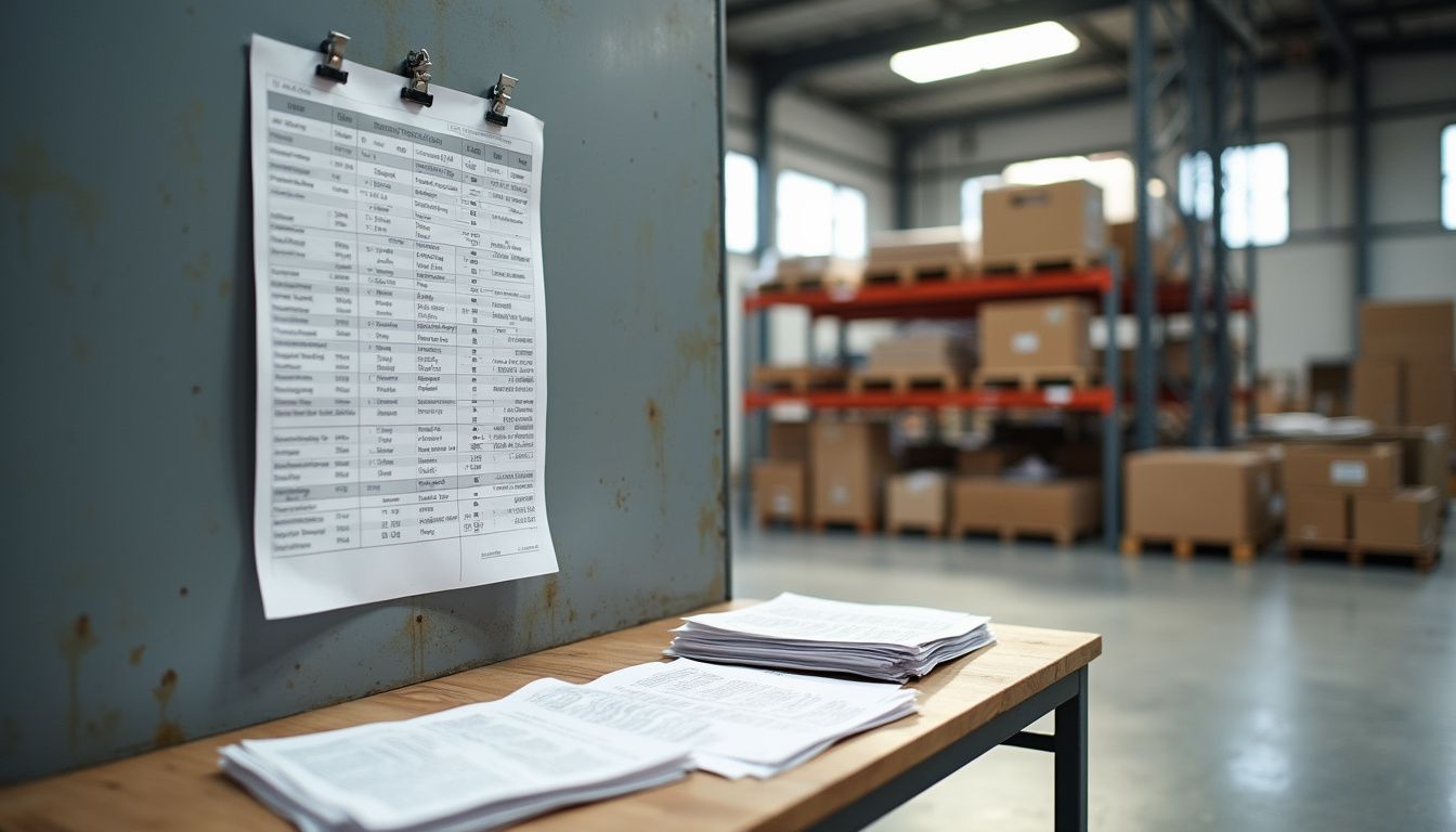 A detailed production line chart hangs in a spacious warehouse.